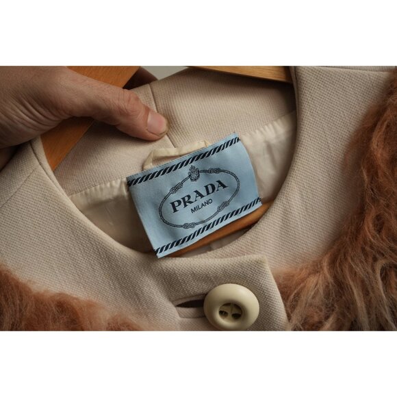 Prada Shaggy Wool Faux Fur Button Front Belted Coat Jacket Peach Size 42S - Picture 3 of 7